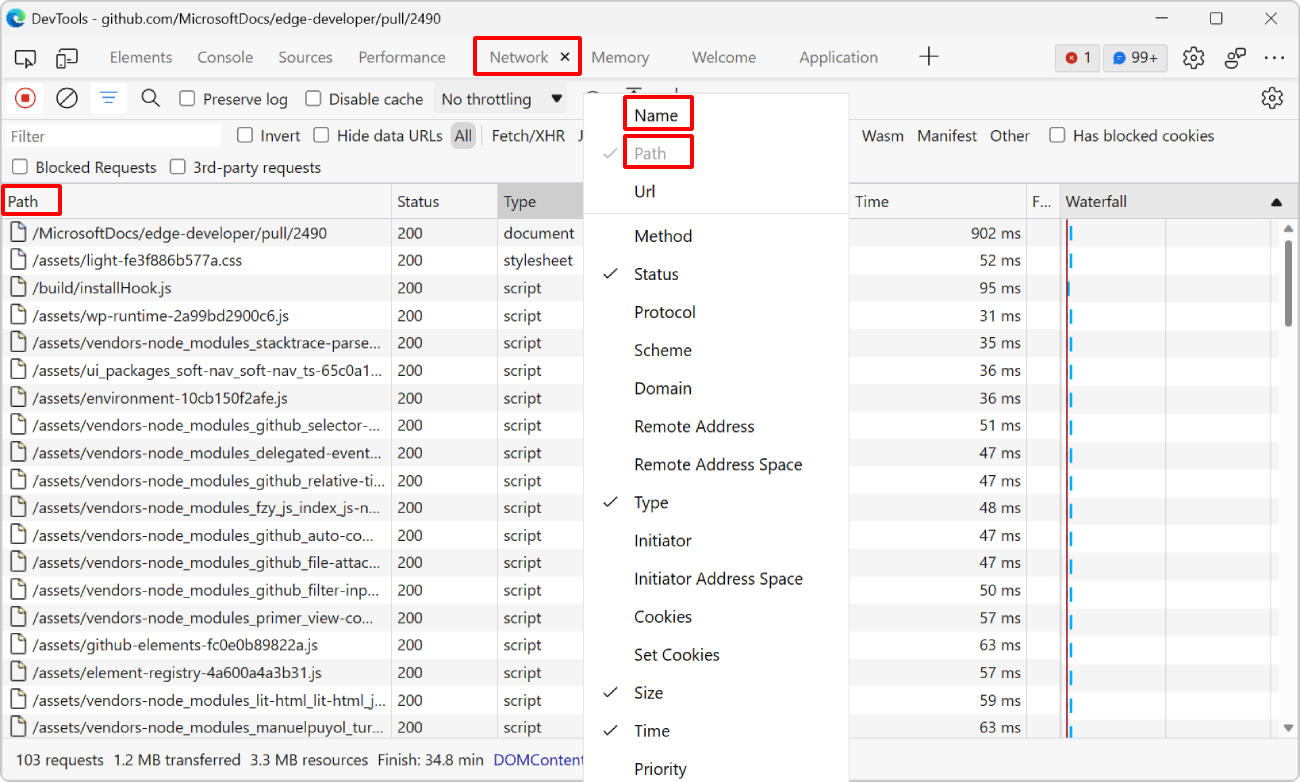 The Network tool in Edge, showing the contextual menu that's used to customize the network list columns