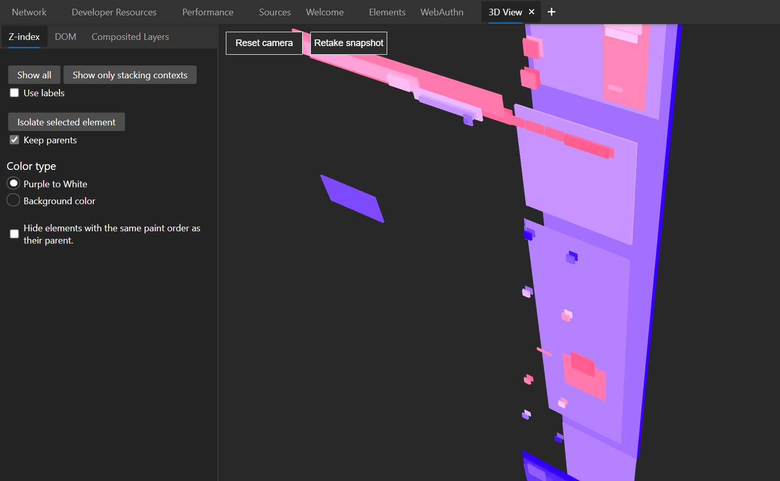 The 3D view tool showing a page's z-index stacking tree as a 3d scene.