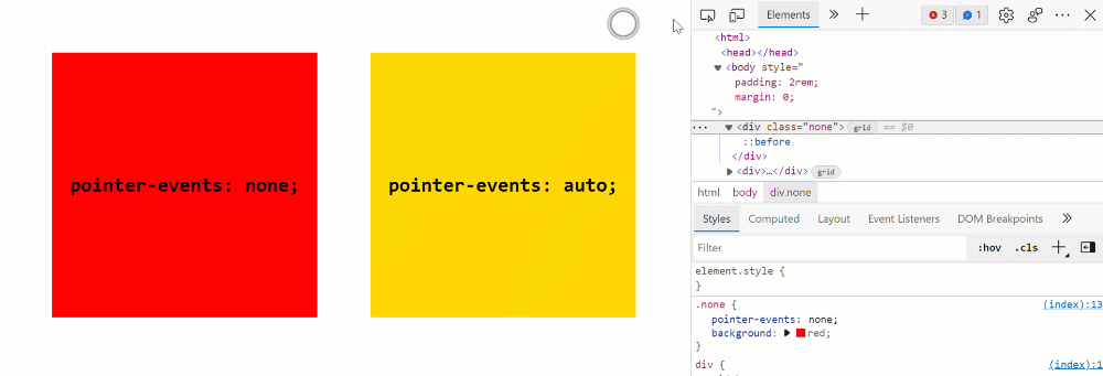 Gif animation showing how a pointer-events:none element normally can't be selected, except when Shift is pressed