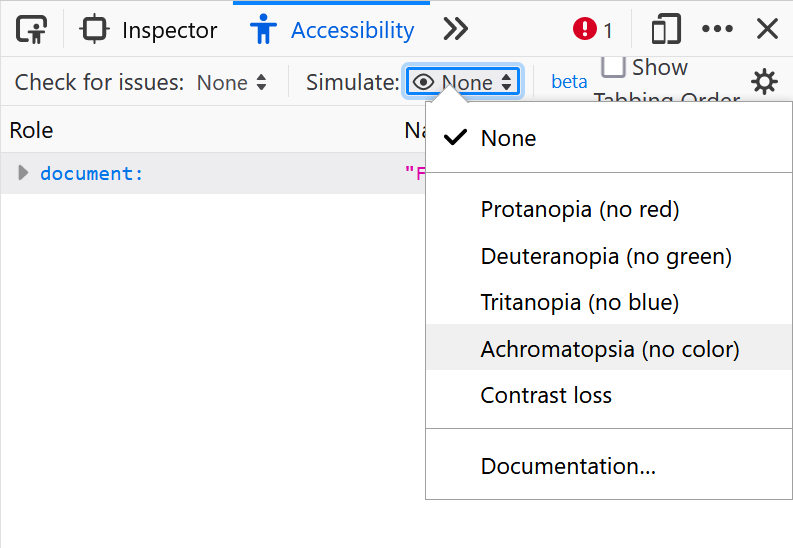 The color vision simulation drop-down in Firefox.