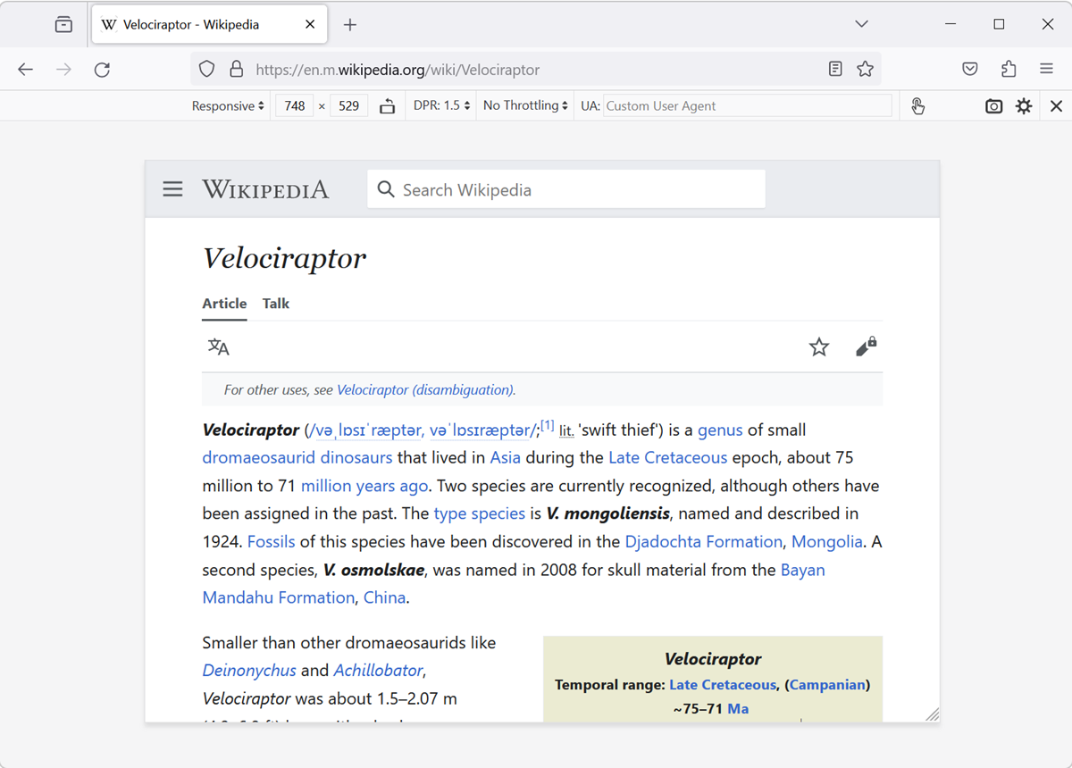 A rendered webpage in Firefox, wrapped in the responsive design mode