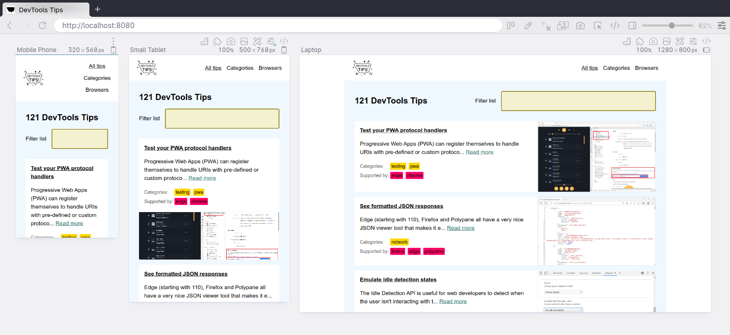 Polypane showing three different devices side-by-side.