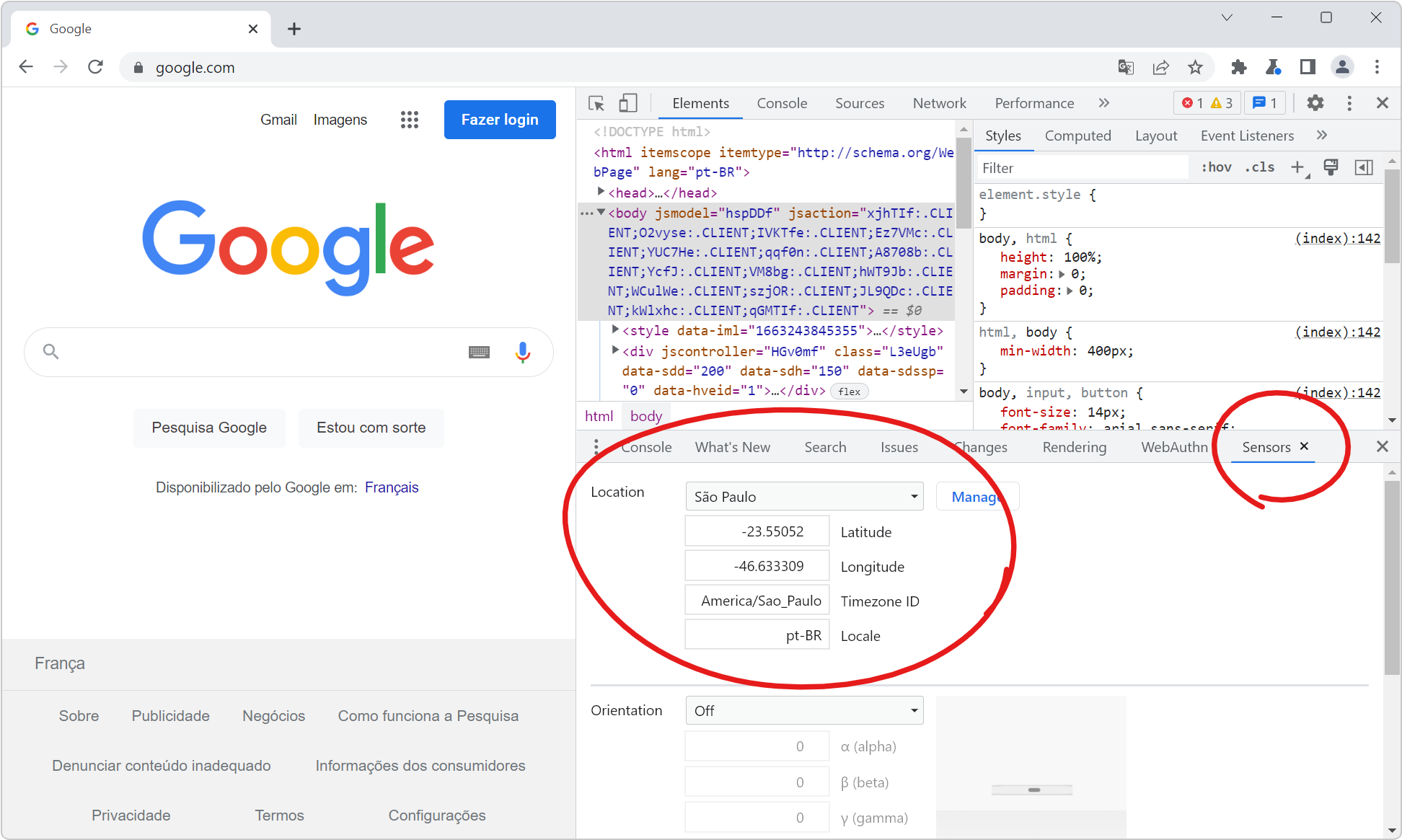 Chrome, showing Google in Portuguese, with DevTools opened to the side and the Sensors tool showing that the geolocation was set to São Paulo