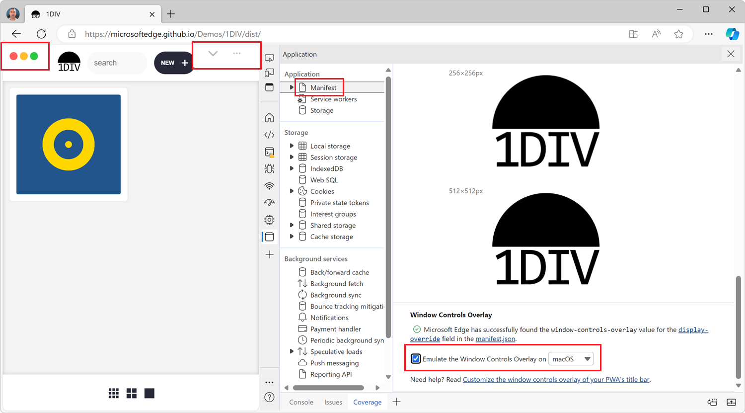 Edge, DevTools is opened, the Application tool shows the WCO section, and the WCO overlay is simulated in the page