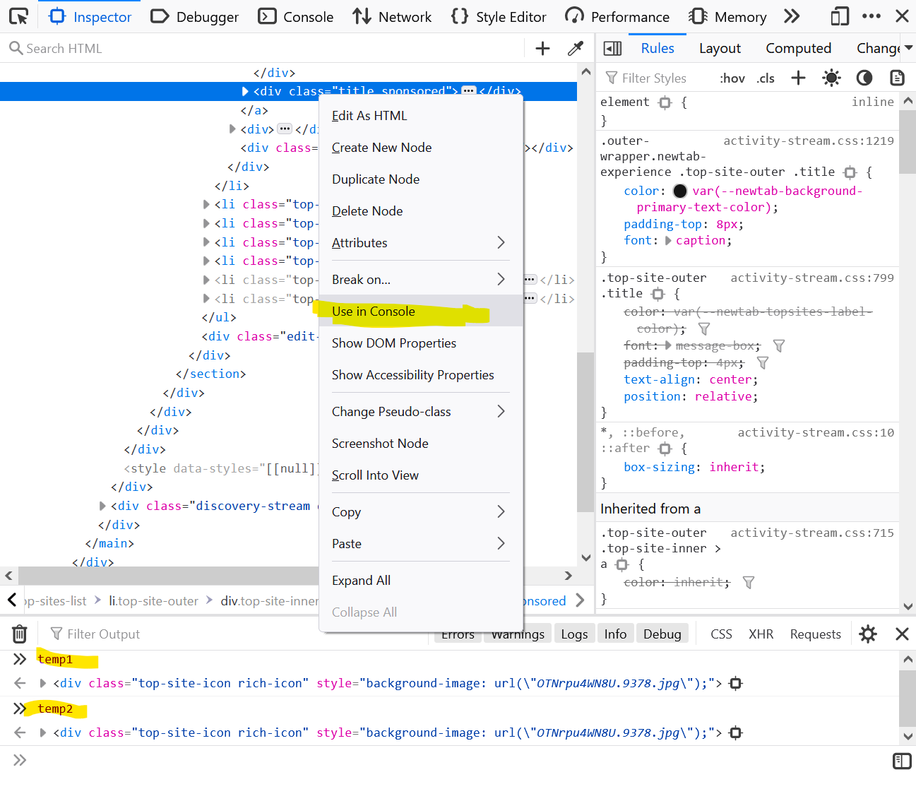 Firefox's "use in console" context menu option in the Inspector, and also showing the Console with a couple of tempN variables.