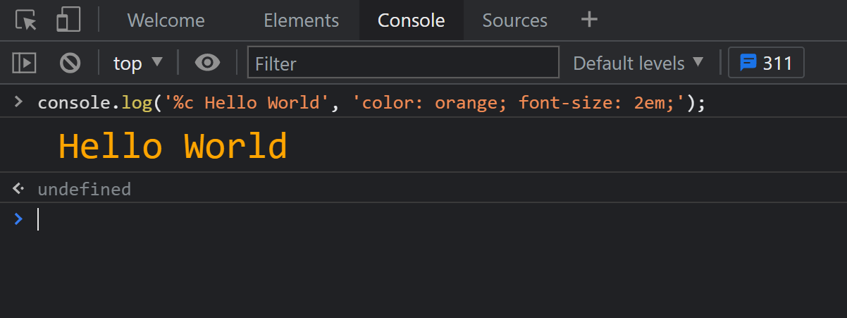 A styled console message in Edge.