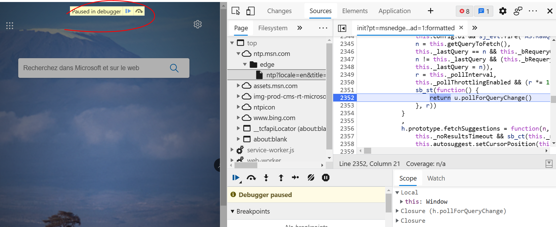 A page in edge with the DevTools Sources paused at a location, and the on-page overlay preventing access to the page.