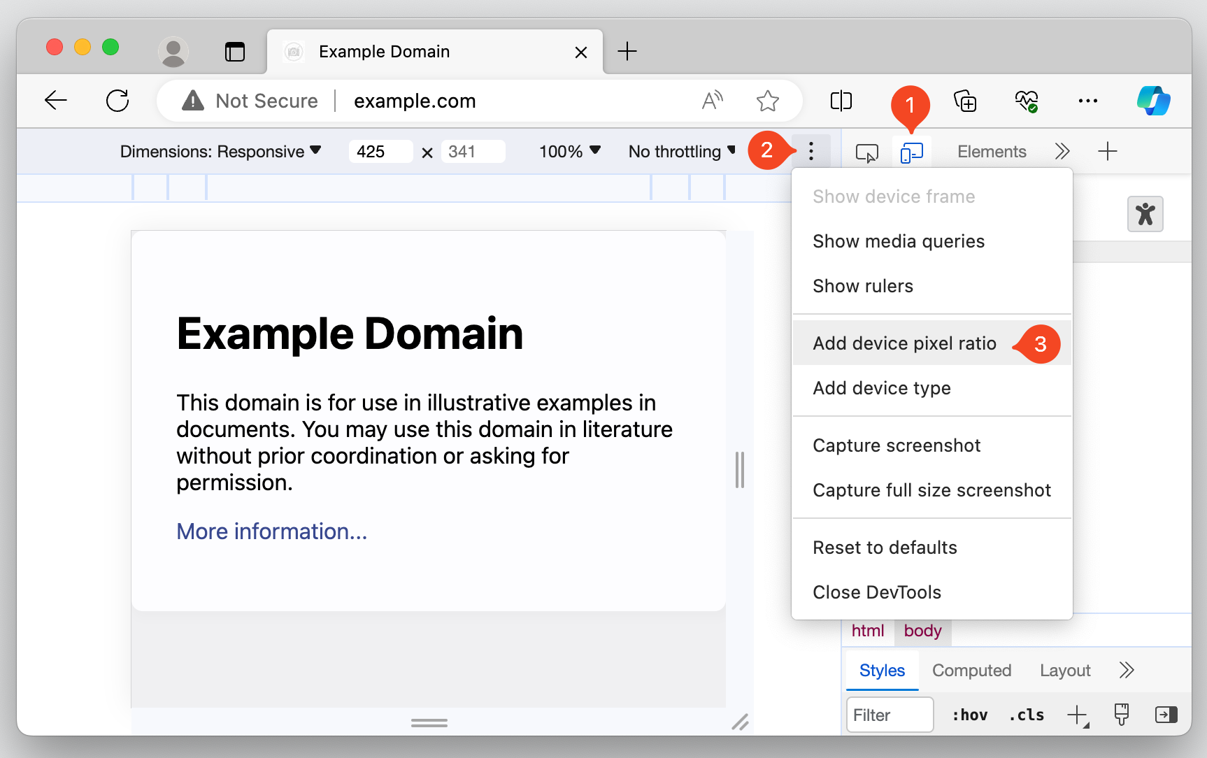 Edge DevTools showing the options menu with the Add device pixel ratio option highlighted