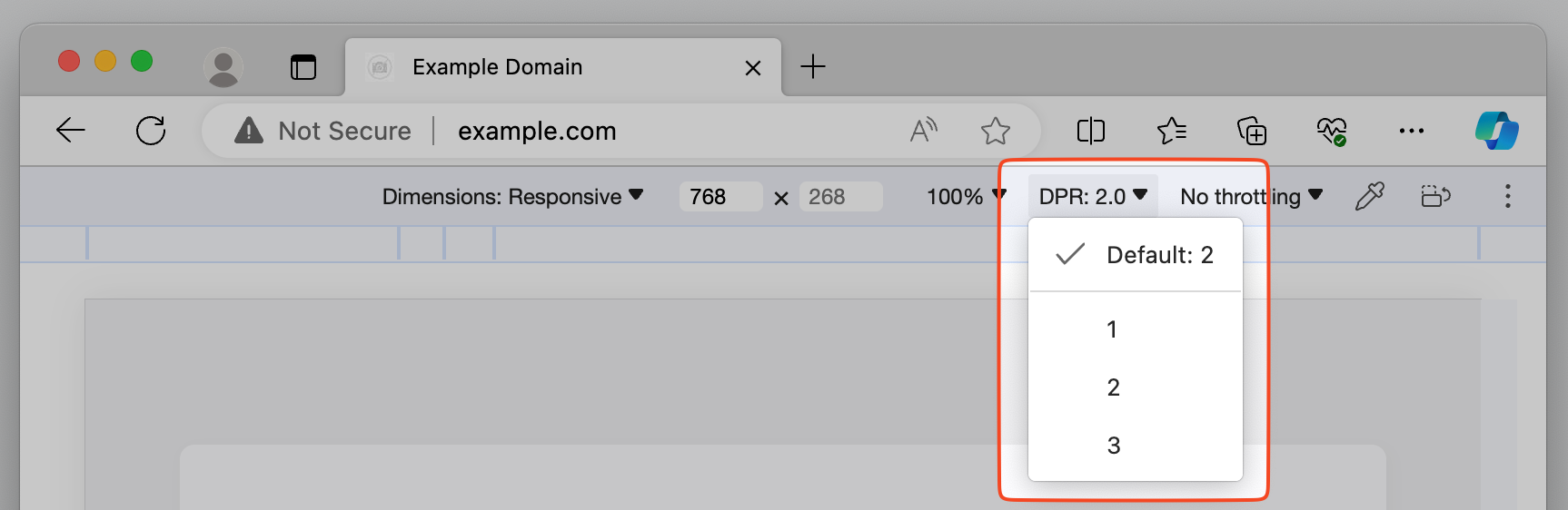 Edge DevTools in Device Emulation mode, showing the DPR option to select the DPR value