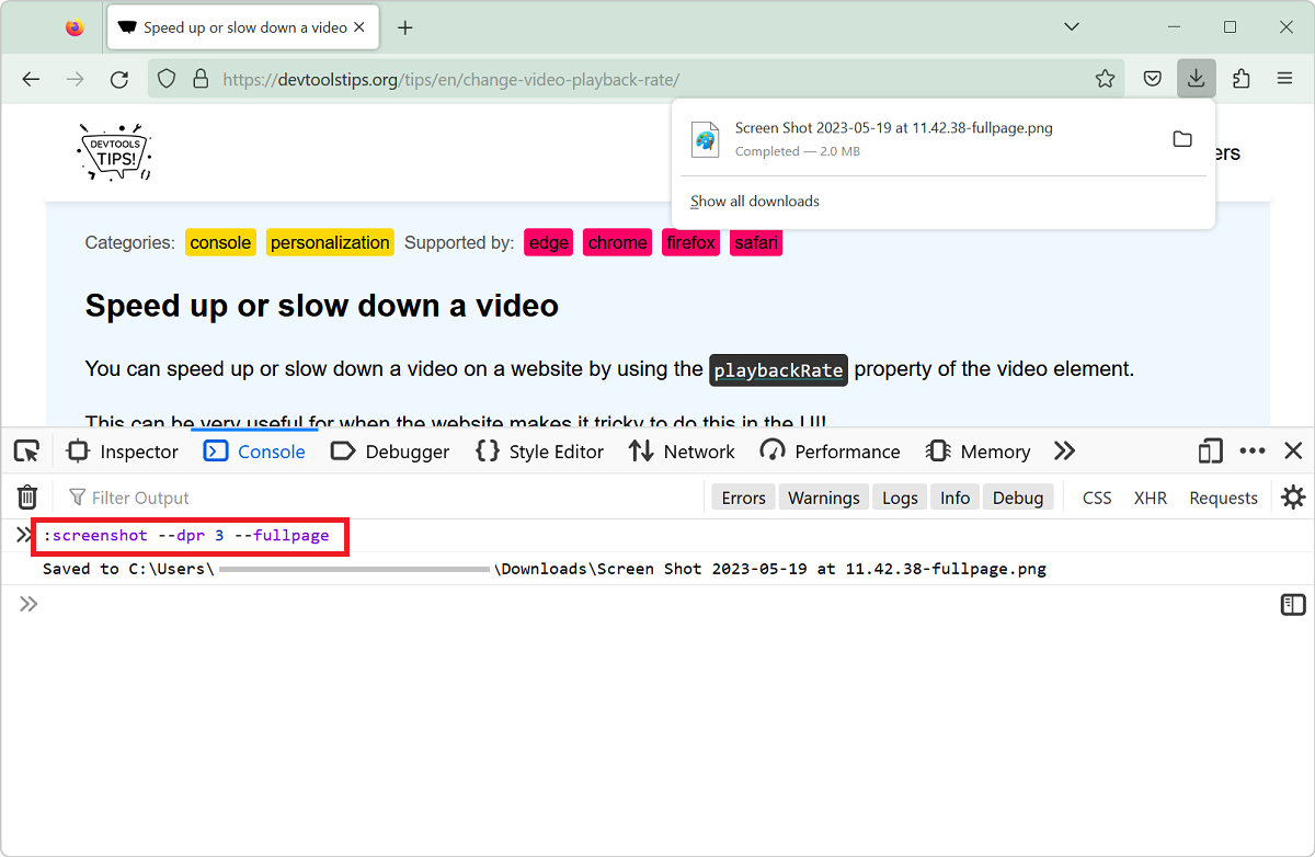 Firefox, with DevTools opened, and the Console tool visible, showing that :screenshot command