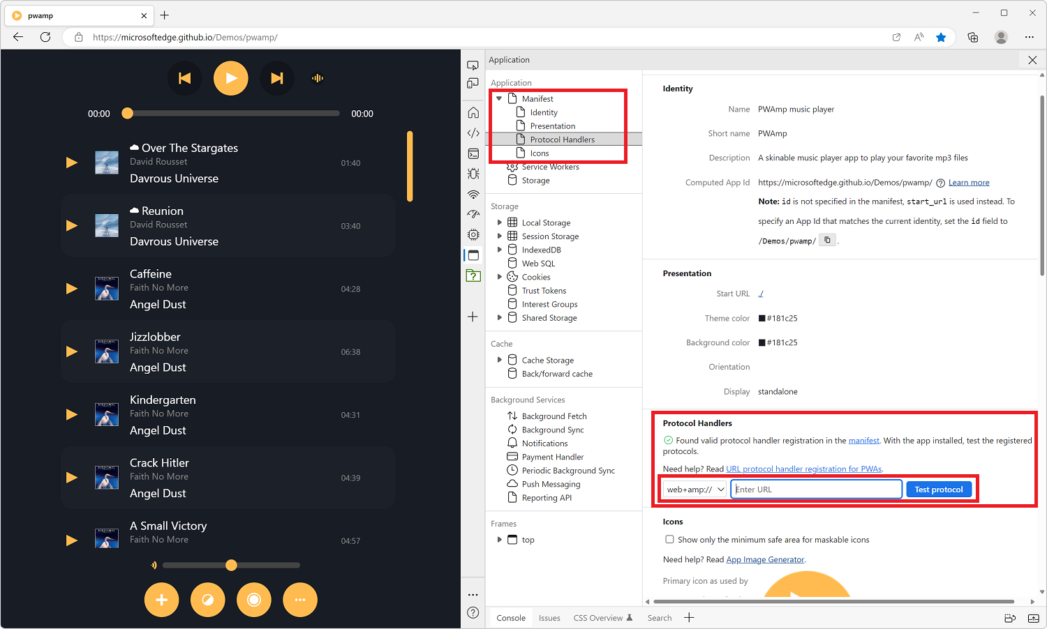 Microsoft Edge, with the Application tool opened on the side, showing the Protocol Handlers section.