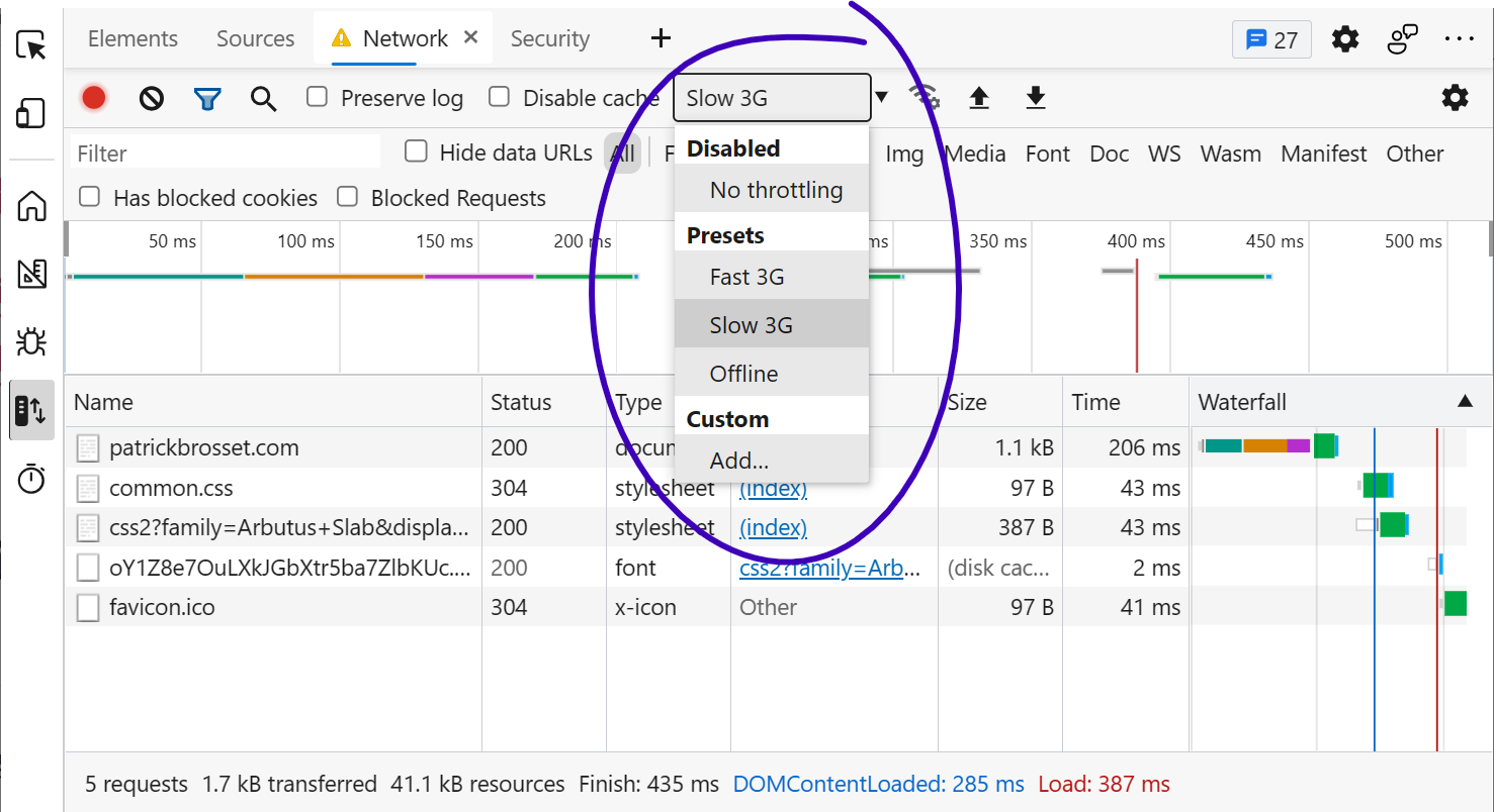 Screenshot of the Network panel in Edge showing the network throttling drop-down