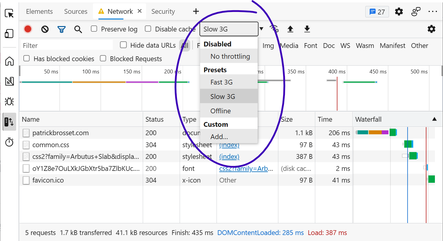 The Network panel in Edge showing the network throttling drop-down.