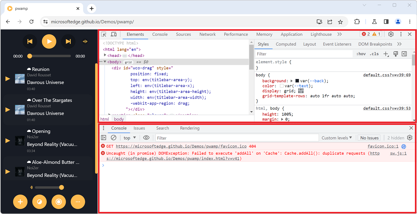 DevTools, with one tool displayed at the top, the Elements tool, and the drawer at the bottom, showing the Console