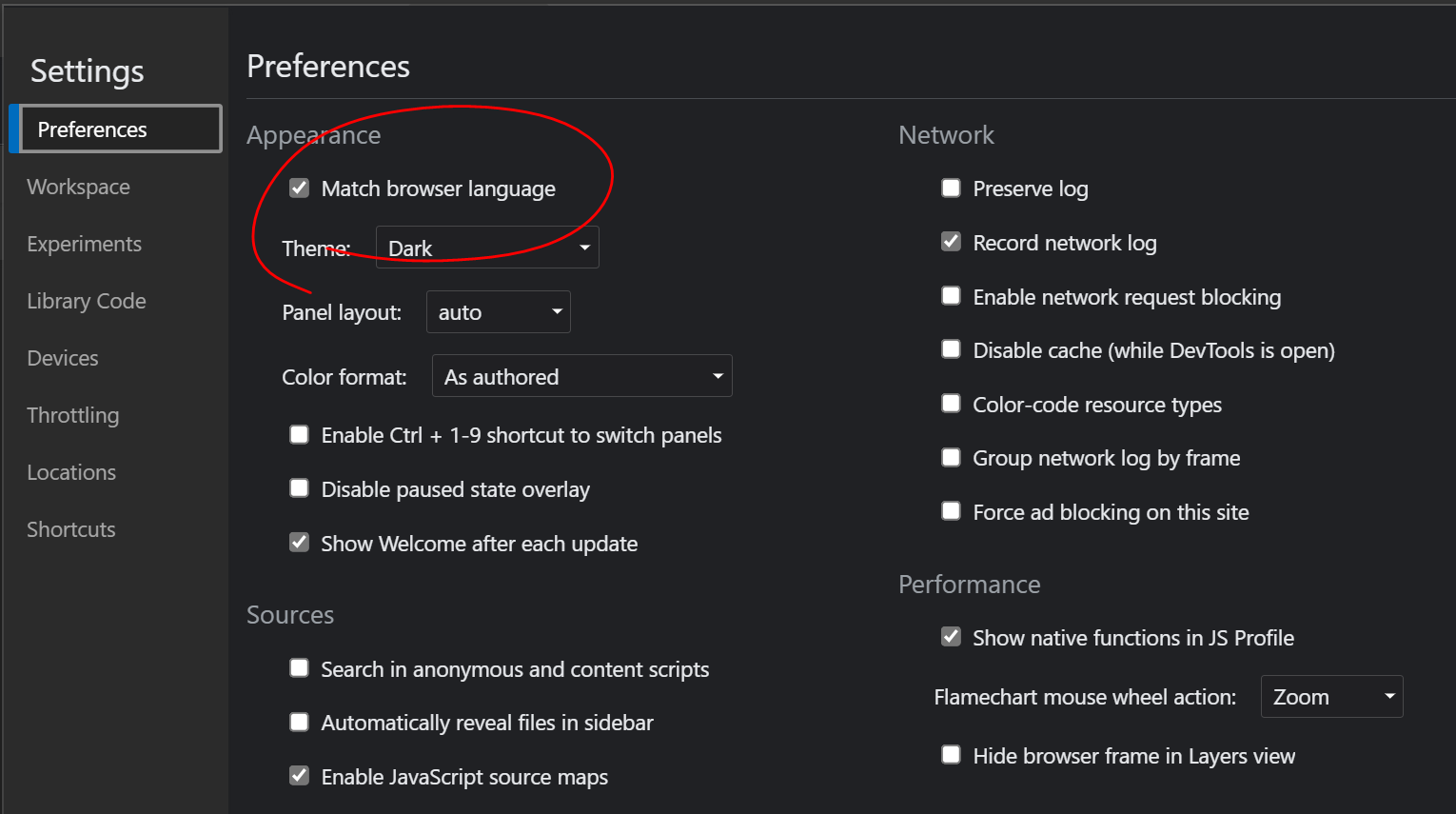 The settings panel in Edge showing a checkbox to match DevTools with the browser language.