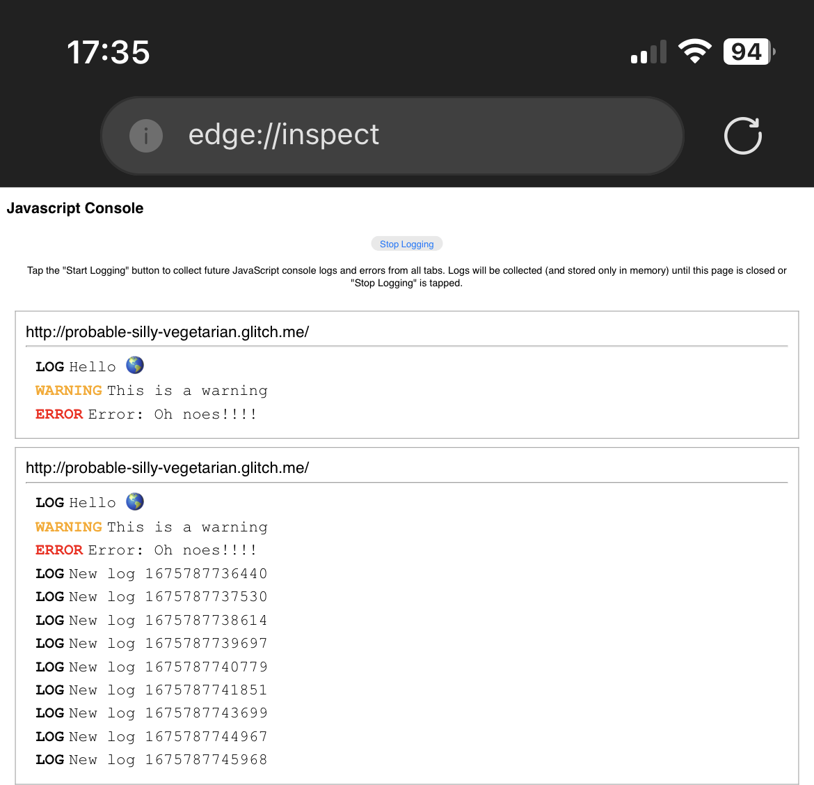 Edge on iOS, showing the about:inspect page, filled with logs
