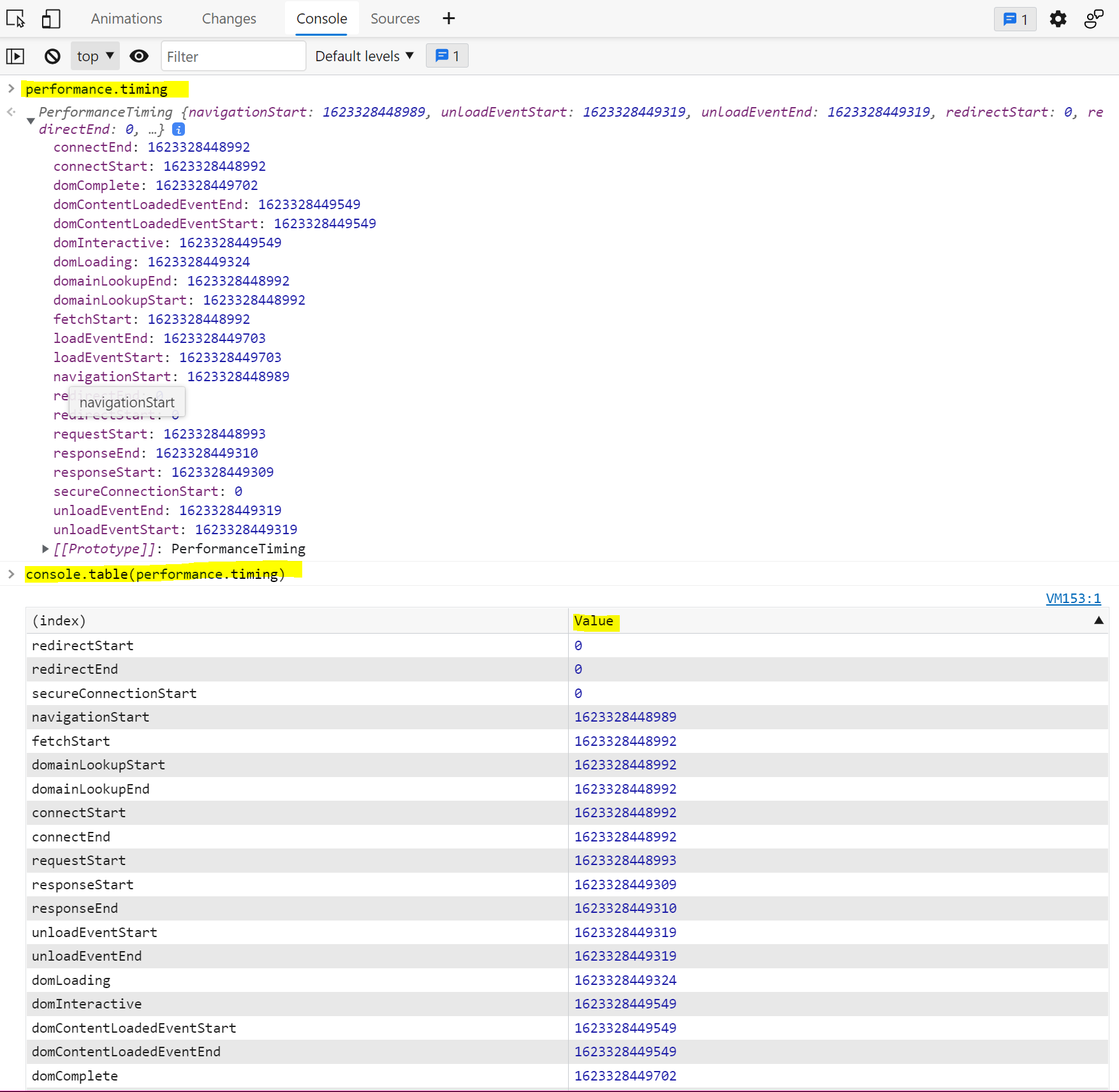 The console in Edge showing the PerformanceTiming object, with alphabetical properties, and then using console.table to sort properties.