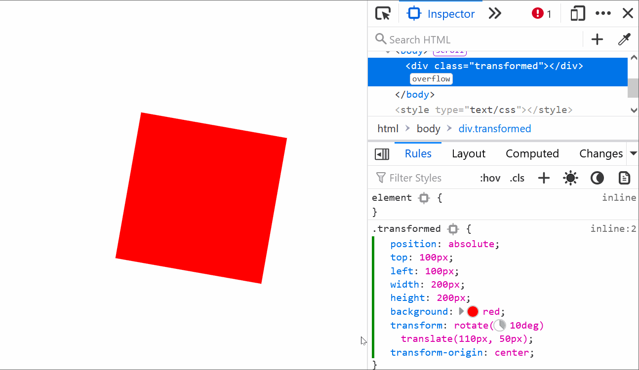 GIF animation showing how the CSS transform highlighter appears on the page when hovering over a transform CSS property in the Rules panel