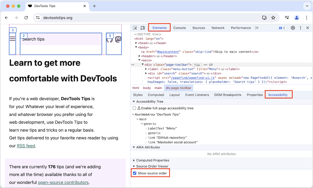 The source order viewer in Chrome, showing numbered boxes around elements