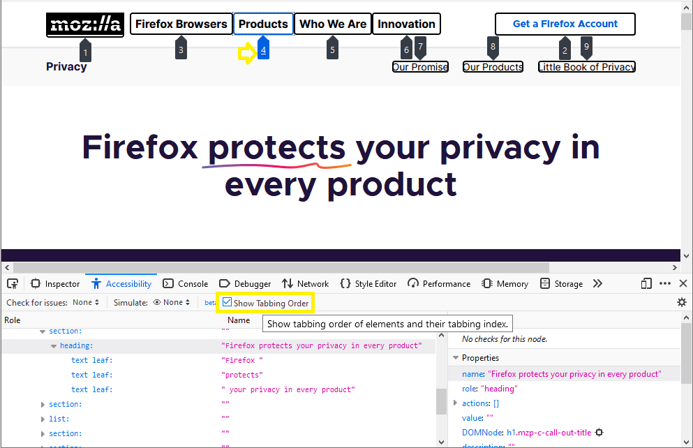 The tabbing order highlighter in Firefox, showing numbered boxes around focusable elements.